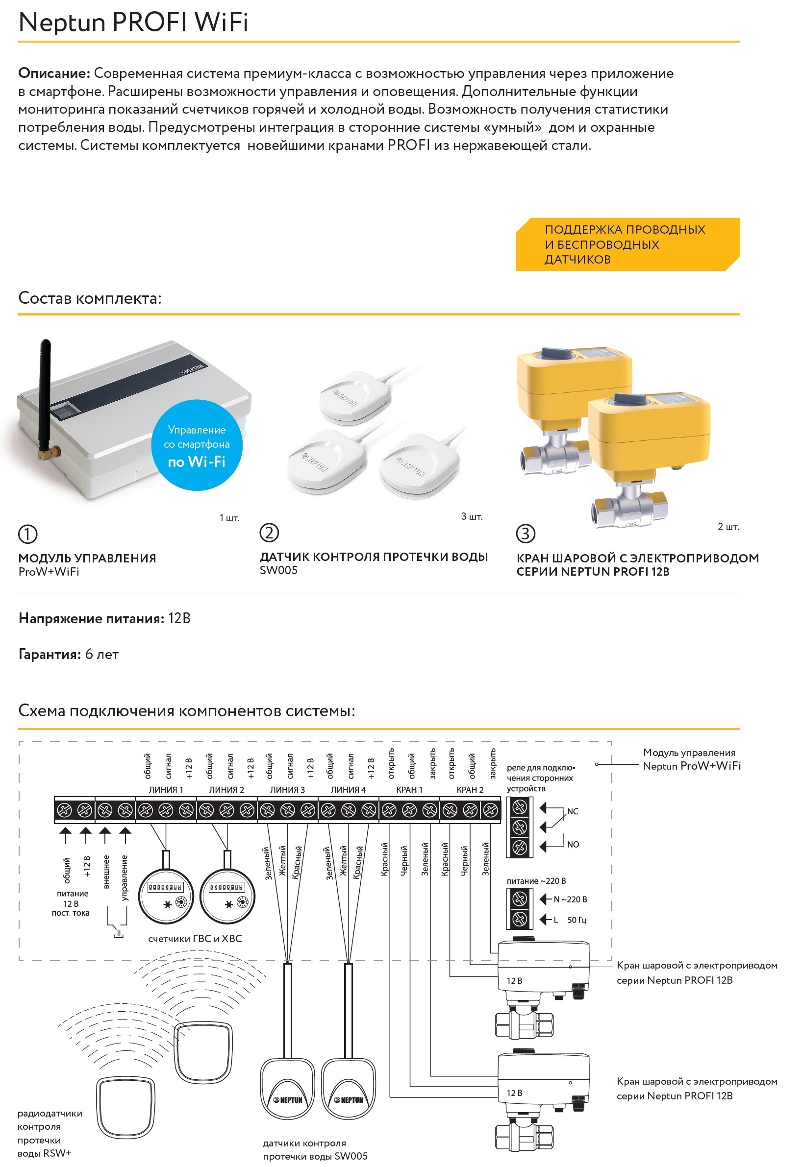 Комплектация системы контроля протечек воды Нептун | Neptun PROFI Wi-Fi |  проводной 1/2 дюйма