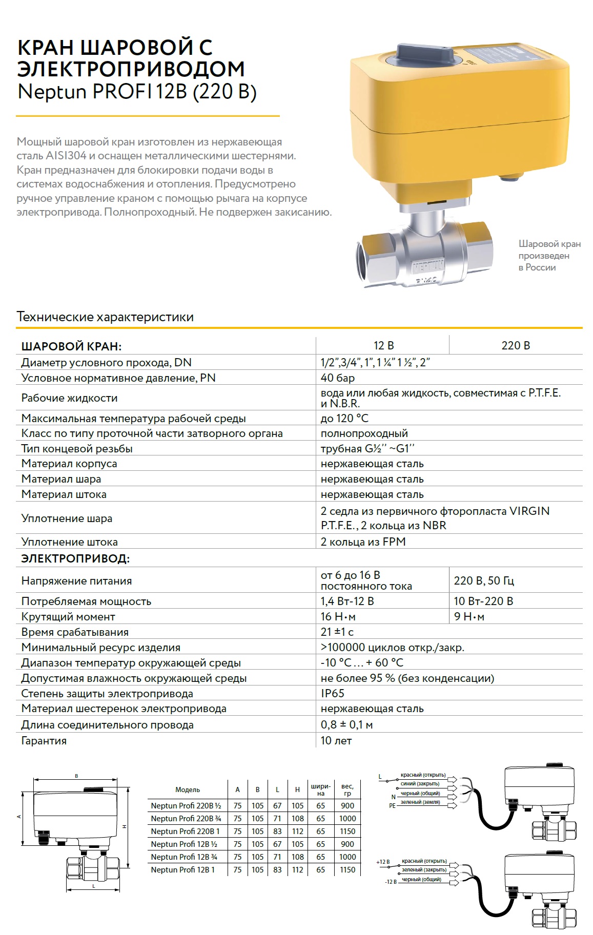 Кран шаровый с электроприводом Neptun PROFI 220В 1/2